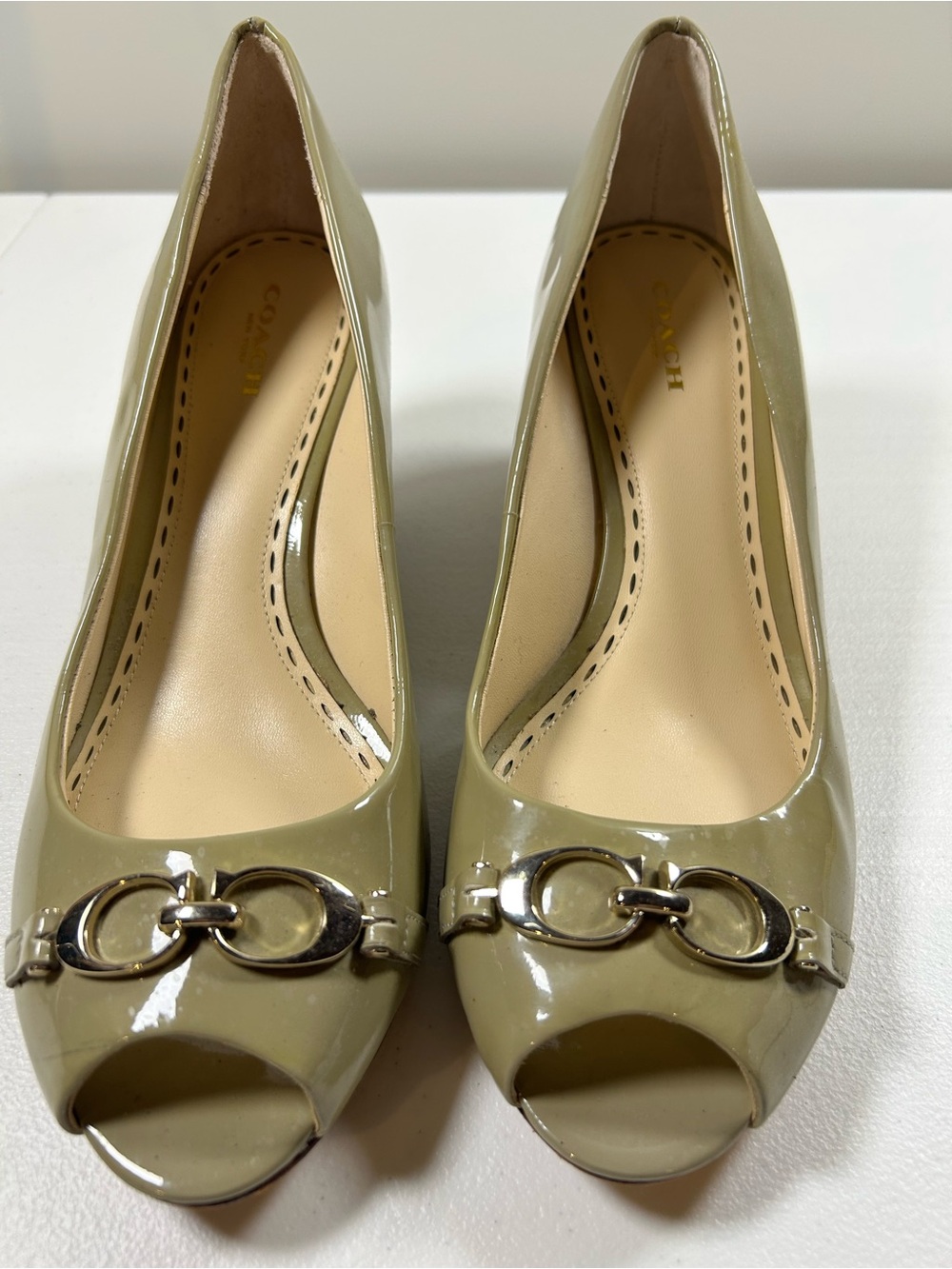 Coach Olive Green Patent Peep-Toe Heels with Gold Hardware